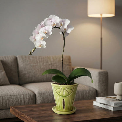 Gniliny Ceramic Orchid Pot with Slotted Holes, 5.39 Inch Crackle Glaze Apple Green Planter with Daisy Relief & Tray, Breathable Vertical Slotted Orchid Container for Repotting