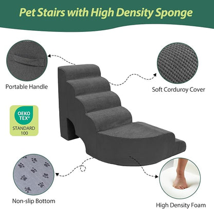 Dog Stairs for High Bed 28-32 Inches Tall, 6 Tier Non-Slip Pet Stairs Adjust to Left Side of Bed, Dog Steps for Small Dogs, Old Pets, and Injured Dogs, Dark Gray