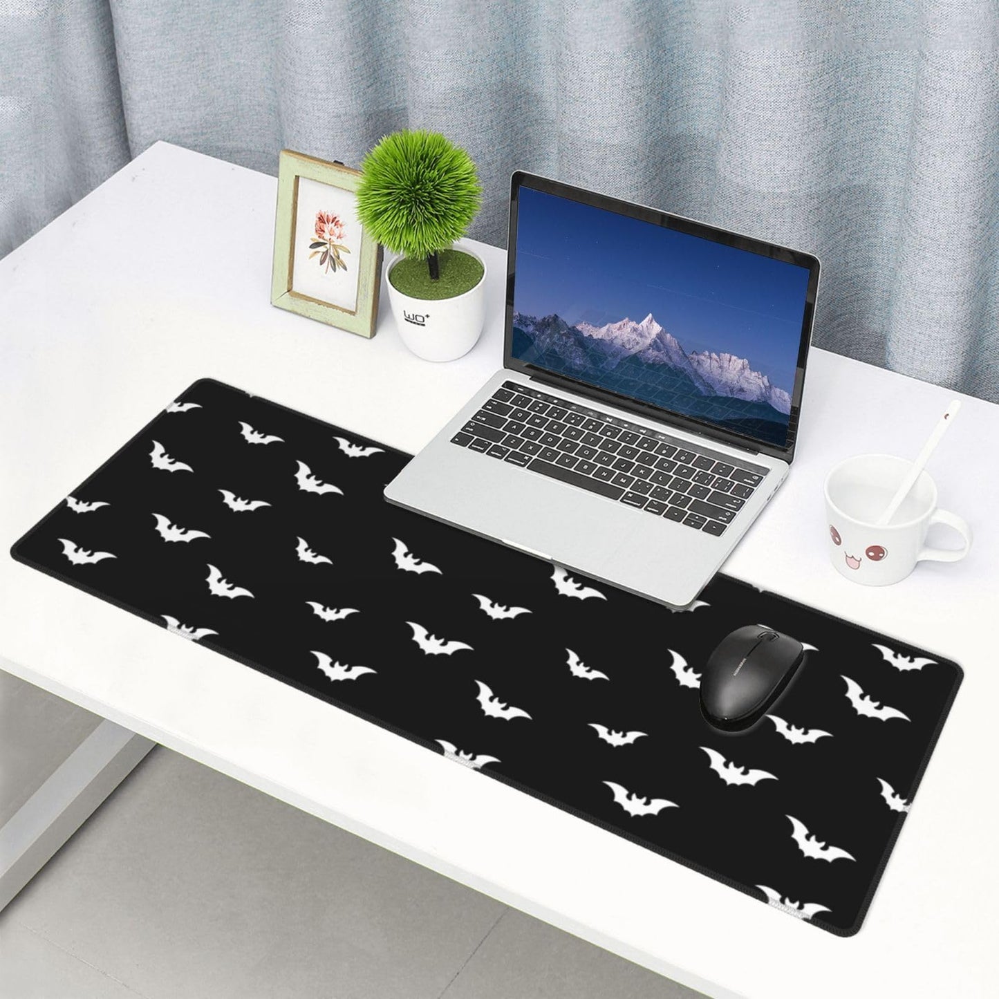 Extended Gaming Mouse Pad with Stitched Edges, Black White Halloween Bats Large Desk pad Long XL Keyboard and Mouse Pad Desk Mat for Gaming Office & Home, 31.5x11.8 in