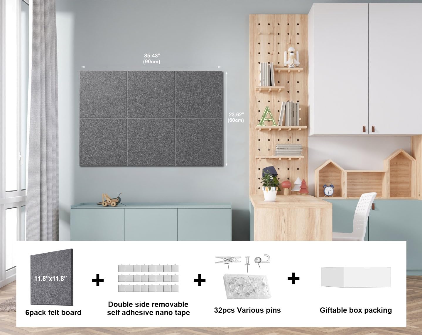 G Gamit Felt Wall Tiles Bulletin Board Large Cork Board Alternative 6 Pack 11.81”x11.81”x0.47” Felt Pin Board Tack Board with Safe Removable Adhesive Tabs for Home Office School 36x24 (Charcoal Grey)