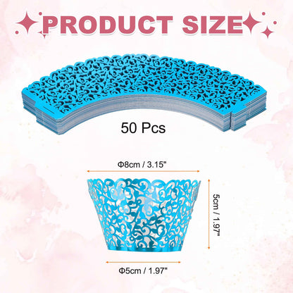 HARFINGTON 50 Pcs Lace Cupcake Liners Standard Vine Designed Hollow Out Cupcake Wraps Artistic Bake Cake Paper Cups for Anniversary Birthday Weddings Parties, Reflective Blue