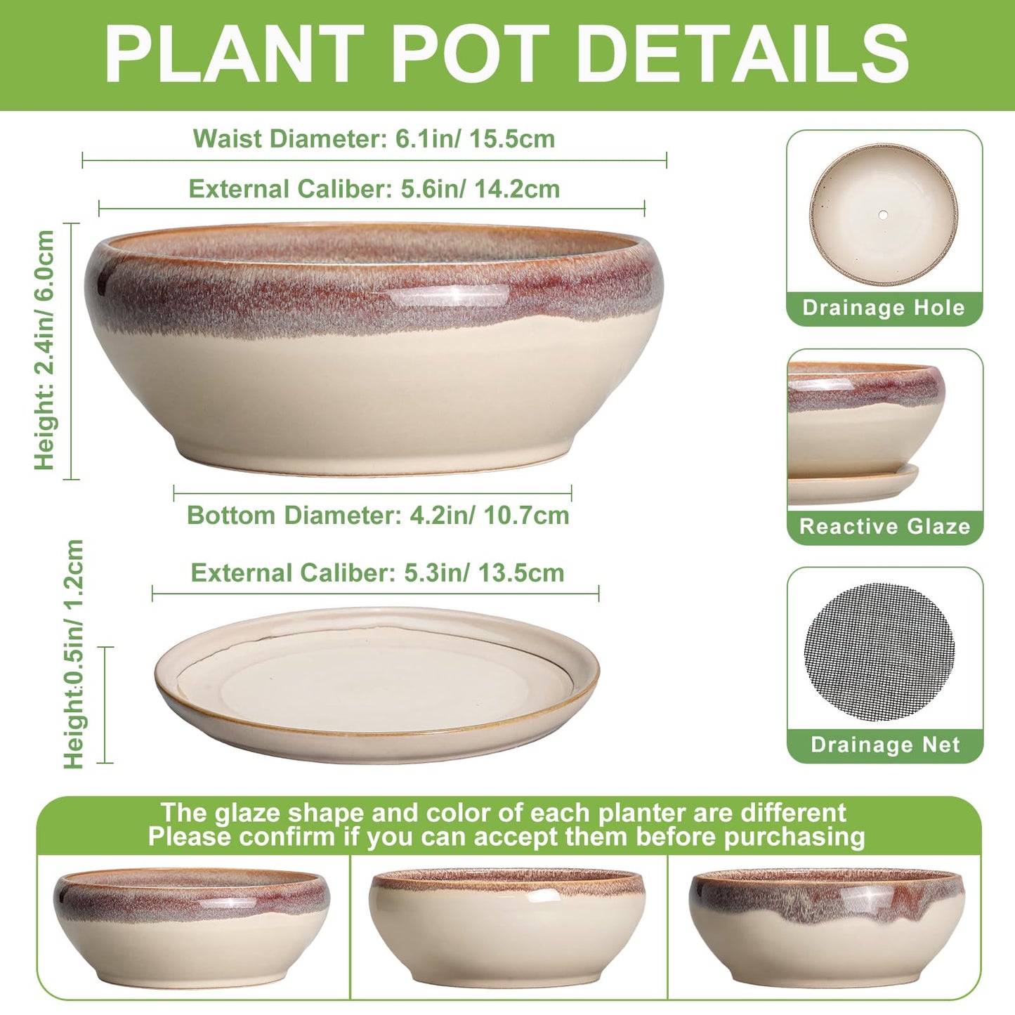 SQOWL Small Bonsai Pots - 6 Inch Ceramic Plant Pots for Succulents, Shallow Planter with Drainage Hole and Saucer, Round Planters for Indoor Outdoor Cactus Plants, House Decor, Birthday Gifts, Beige