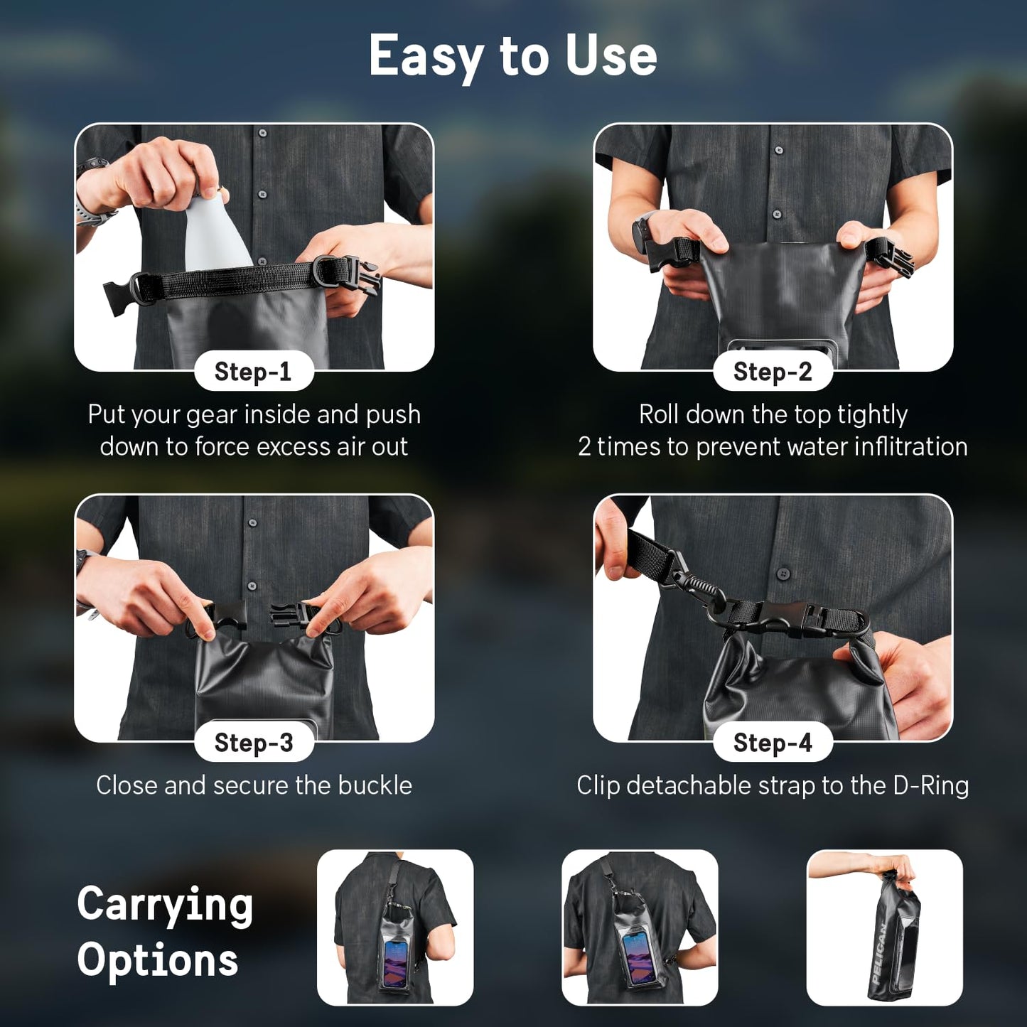 Pelican Marine IP68 Waterproof Dry Bag 2L - Roll Top Waterproof Backpack w/ Phone Case / Pouch - Boating & Kayak Accessories - Essentials for Camping Swimming Beach Fishing Rafting Travel - Black