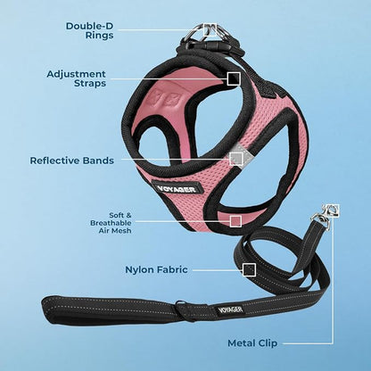 Best Pet Supplies Voyager Step-in Air All Weather Mesh Harness and Reflective Dog 5ft Leash Combo with Neoprene Handle, for Small, Medium and Large Breed Puppies - Pink Base, X-Large