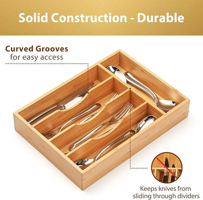 Umilife Bamboo Kitchen Drawer Organizer, 9 Inch Silverware Utensils Tray Holder for Small Drawer, Wood Caddy for Flatware Cutlery Knives