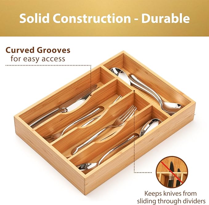 Umilife Bamboo Kitchen Drawer Organizer, 8.25 Inch Silverware Utensils Tray Holder for Small Drawer, Wood Caddy for Flatware Cutlery Knives
