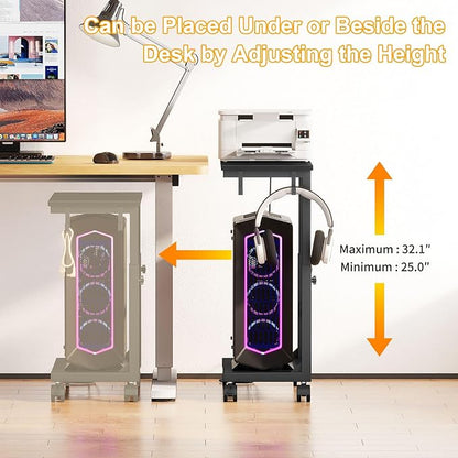 Snughome Computer Tower Stand with Charge Station, 25.0"-32.1" Height Ajustable PC Tower Stand for Floor, Mobile CPU Holder Cart for Carpet with Hooks, PC Cart for Gaming Office Home