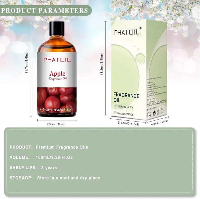 PHATOIL 3.38FL.OZ Apple Fragrance Oils for Aromatherapy, Essential Oils for Diffusers for Home, Perfect for Diffuser, Yoga, Skin Care, DIY Candle and Soap Making - 100ml