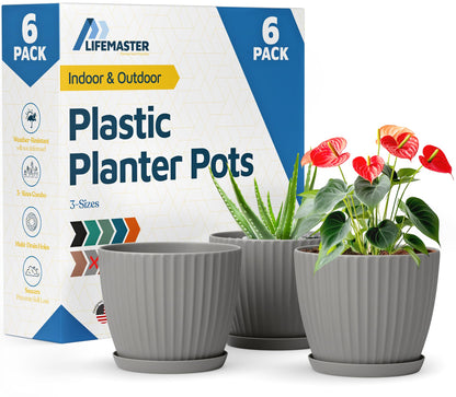 Gray 6-Inch Plant Pots with Drainage & Saucers 6 Pack, Indoor & Outdoor Planters for Houseplants, Herbs, and Flowers, Durable & Weatherproof Material, Stackable, Lightweight, Minimalist Design