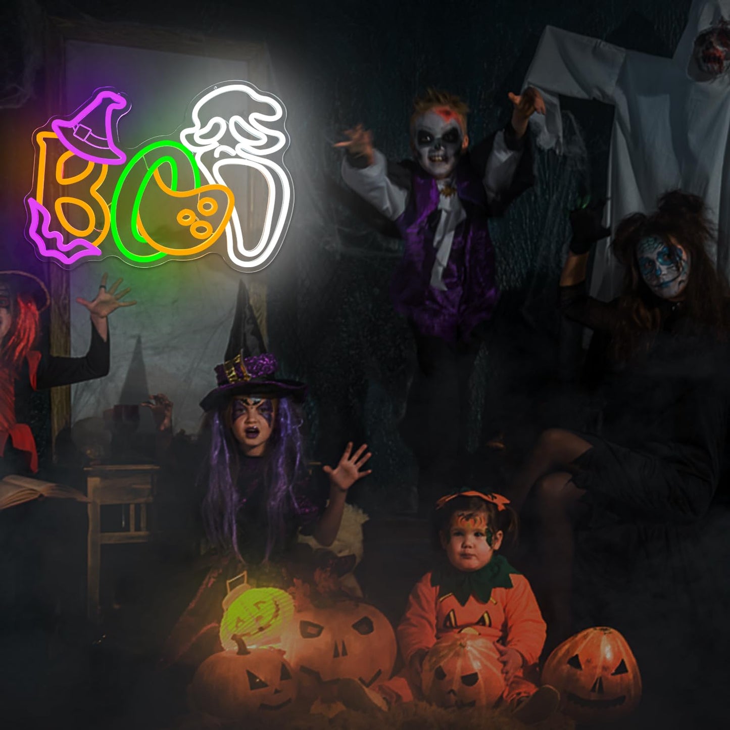 Halloween Boo Neon Sign for Wall Decor Ghost Face Led Sign Animated Looks Like The Ghost Was Eaten Bat Witch Hat Ghost Neon Light Up Sign for Window Bar Horror Halloween Party Man Cave Game Room