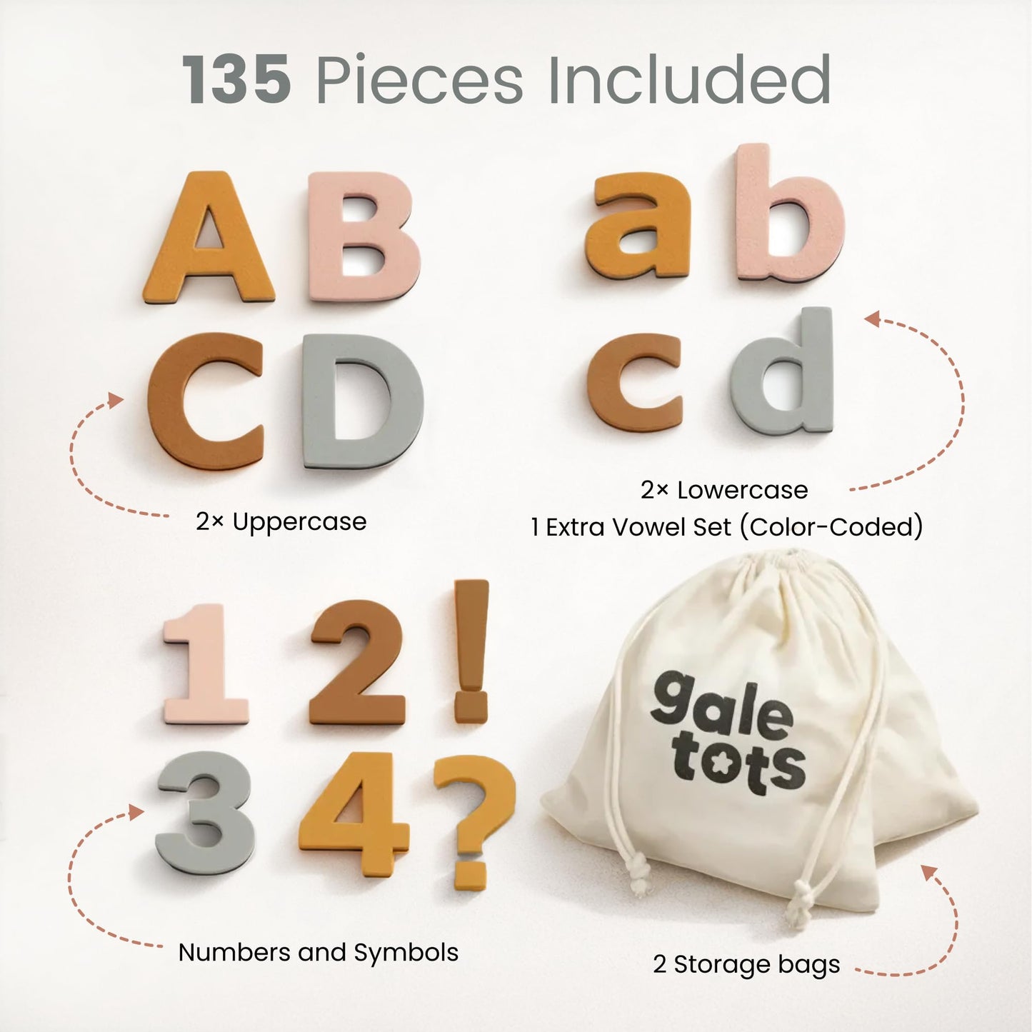 Gale Tots Magnetic Letters and Numbers for Kids, 135 Neutral Aesthetic Premium EVA Foam Alphabet Magnets for Fridge, Color-Coded Vowels, Uppercase Lowercase Numbers and Symbols, Ages 3 and Up