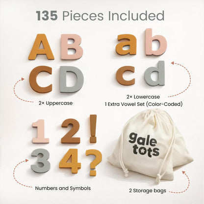 Gale Tots Magnetic Letters and Numbers for Kids, 135 Neutral Aesthetic Premium EVA Foam Alphabet Magnets for Fridge, Color-Coded Vowels, Uppercase Lowercase Numbers and Symbols, Ages 3 and Up