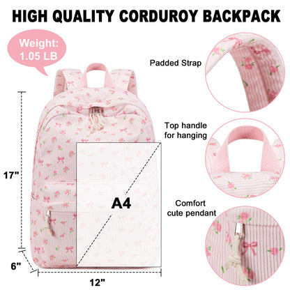 BTOOP School Backpack for Girls Teens Large Corduroy Bookbag Lightweight Casual High School College Backpacks 17 inch Laptop Travel Bag (Pink Bow Floral-1)