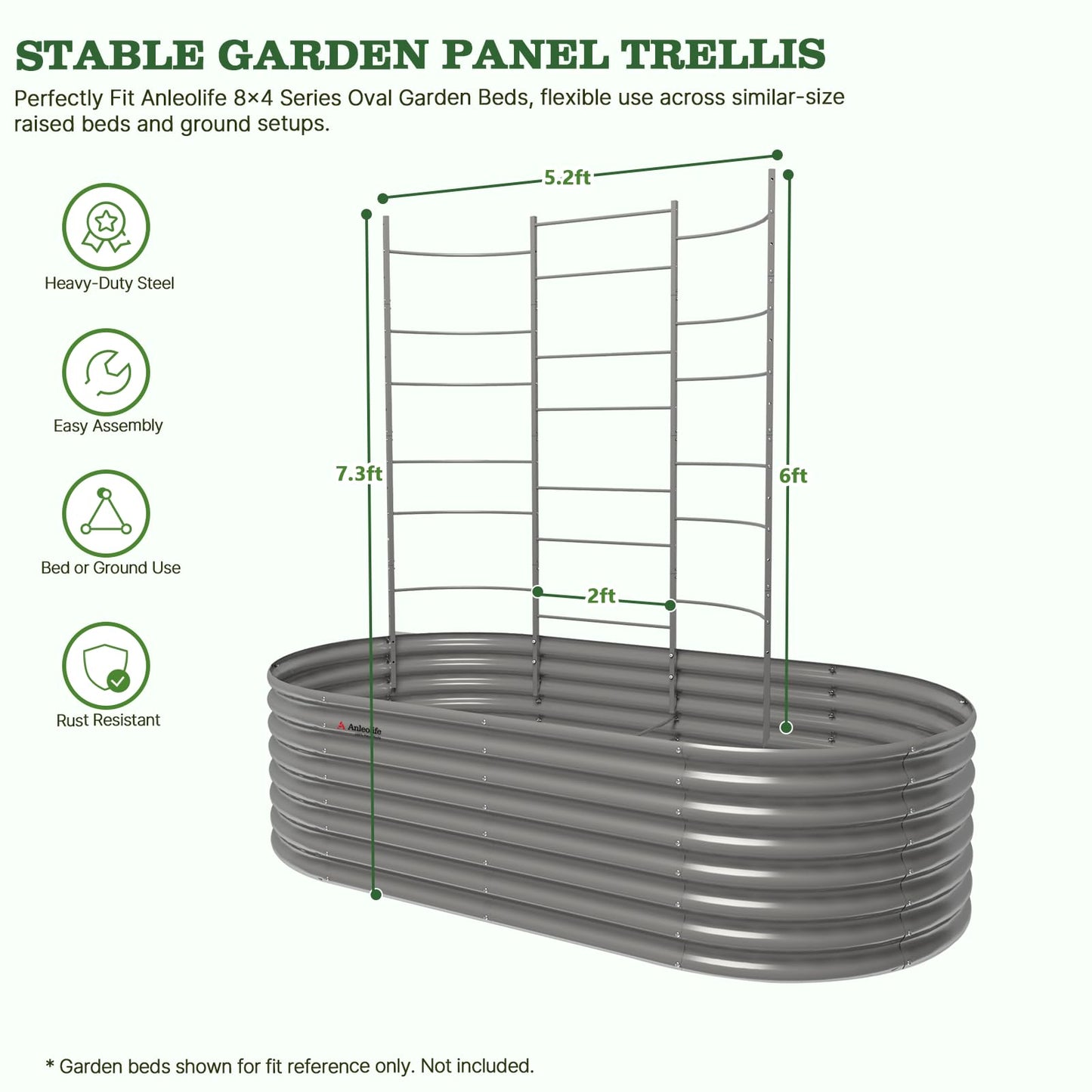 A ANLEOLIFE Garden Panel Trellis for Raised Garden Beds, Heavy-Duty Metal Panel with Crossbars, Bed-Mount or Ground Install, Vertical Support for Tomatoes, Peas & Beans, Quartz Gray