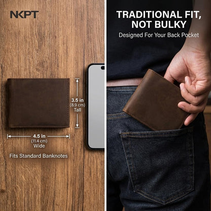 NKPT Full-Grain Leather Bifold Wallet for Men | RFID Blocking, 9 Card Slots, ID Window | Chestnut Brown