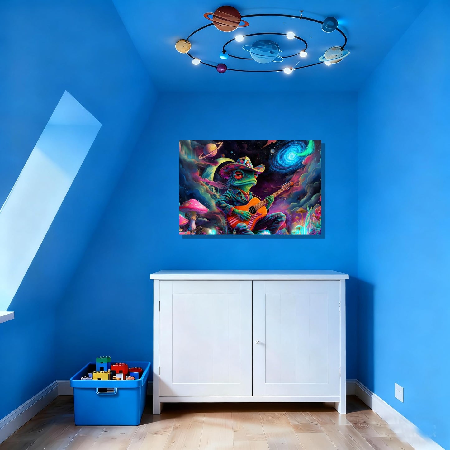 16x24 Psychedelic Space Frog Canvas Wall Art, Colorful Framed Cosmic Mushroom Guitar Player Kids Trippy Room Decor Teen Boys Bedroom Wall Posters Children Home Game Prints Gift Painting