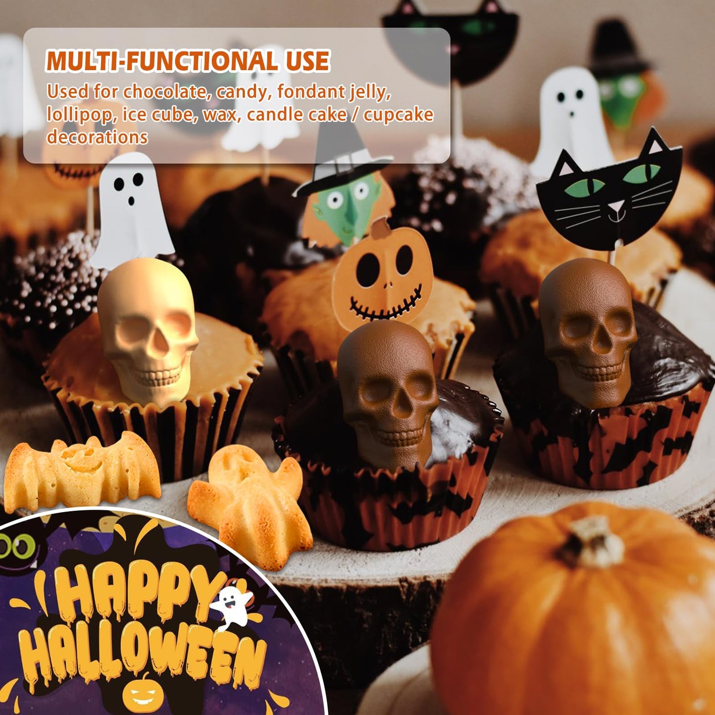 Qibiyuu Halloween Skull Cake Pan & Pumpkin Silicone Molds Set – 6 Cavity 3D Skull Baking Pan + 6 Halloween Shape Silicone Molds (Pumpkin, Ghost, Bat) for Cakes, Chocolate, Candy, DIY Party Baking