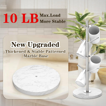 ZYZWTG Marble Mug Holder Tree with 8 Hooks, Detachable Stainless Steel Coffee Cup Holder, 2-8 Hooks Freely Adjustable, Modular Height, Heavy Duty Base Kitchen Countertop Organizer, Silver