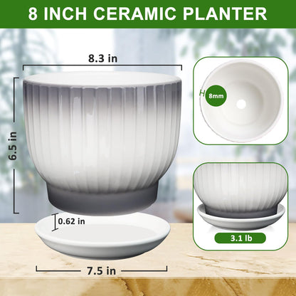 YUFDA 8 Inch Plant Pot, Ceramic Planter with Drainage and Saucer, Ceramic Pots for Plants, Indoor Plant pots,Ceramic Flower pots(Gray + White, Plants NOT Included)