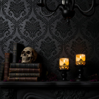 Woparty Gothic Hurricane Candle Holders, Black Metal with Glass Sleeve, Set of 2 Decorative Pillar Holders, 5.9 and 7.9 Inch Height, 4 Inch Diameter