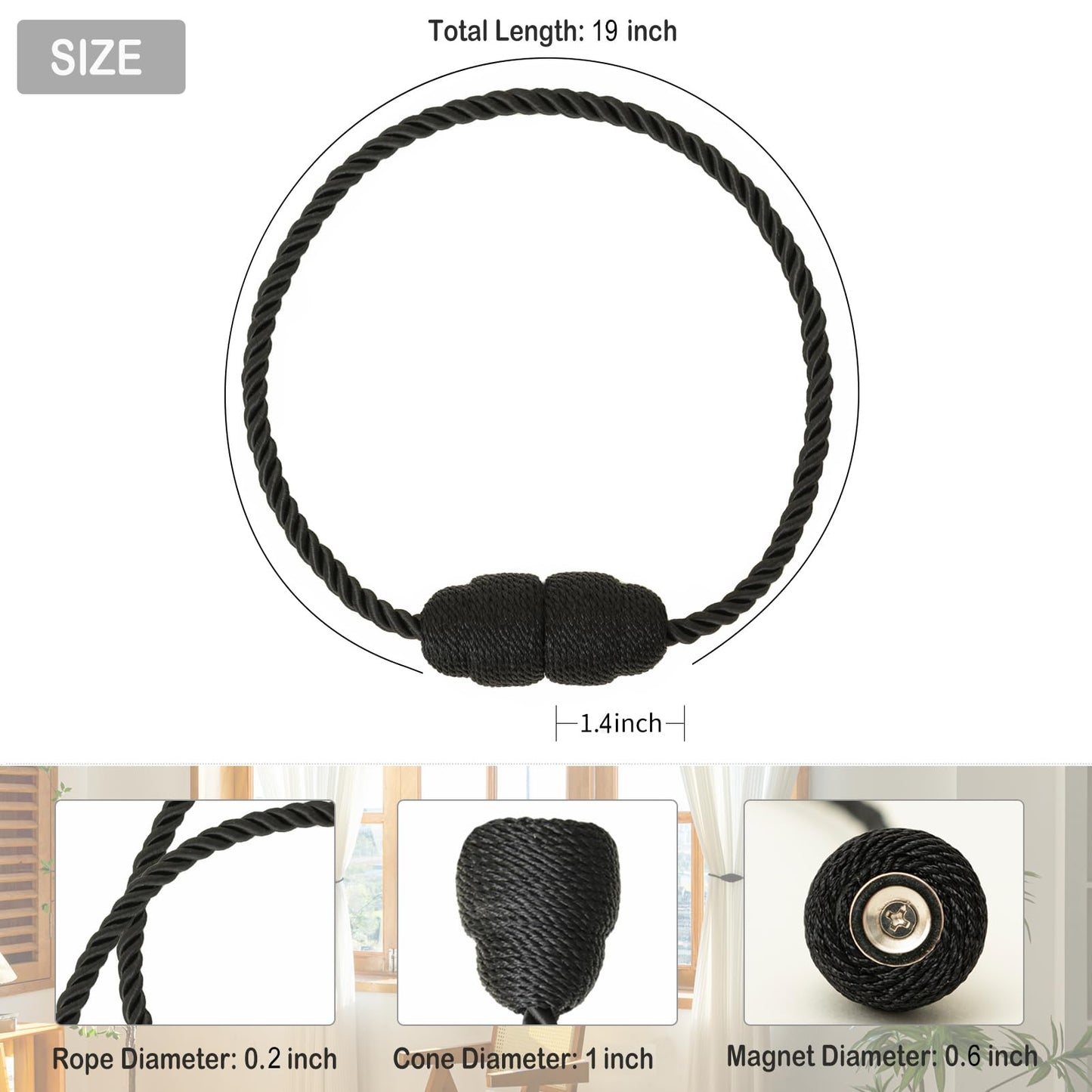 Contoeey Magnetic Curtain Tiebacks Rope Curtain Tie Backs for Curtains 8 Pack Curtain Holders for Drapes Decorative Window Curtain Holdbacks, Black