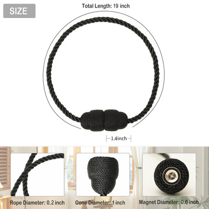 Contoeey Magnetic Curtain Tiebacks Rope Curtain Tie Backs for Curtains 8 Pack Curtain Holders for Drapes Decorative Window Curtain Holdbacks, Black