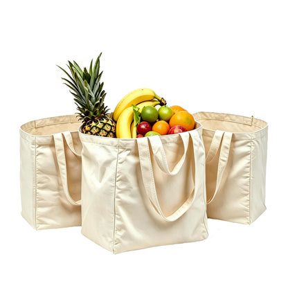 Umicclist Canvas Grocery Tote Bag, 3PCs Reusable Extra Large Shopping Bag with Long Shoulder and Handle Straps, 6 Inner Pockets, 15x15x10 Inch, Foldable Washable Bag for Picnic