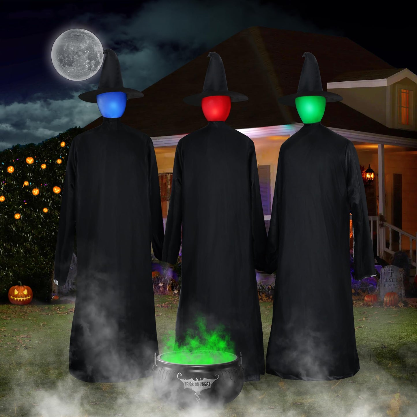 DJROLL 6 FT Halloween Decorations Outdoor Witches, 3 Pack Holding Hands Witches with Flickering Head and Scary Screams, Life Size Witch Décor for Yard Lawn Garden