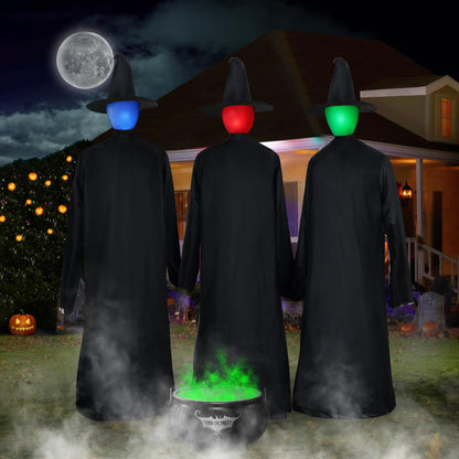 DJROLL 6 FT Halloween Decorations Outdoor Witches, 3 Pack Holding Hands Witches with Flickering Head and Scary Screams, Life Size Witch Décor for Yard Lawn Garden