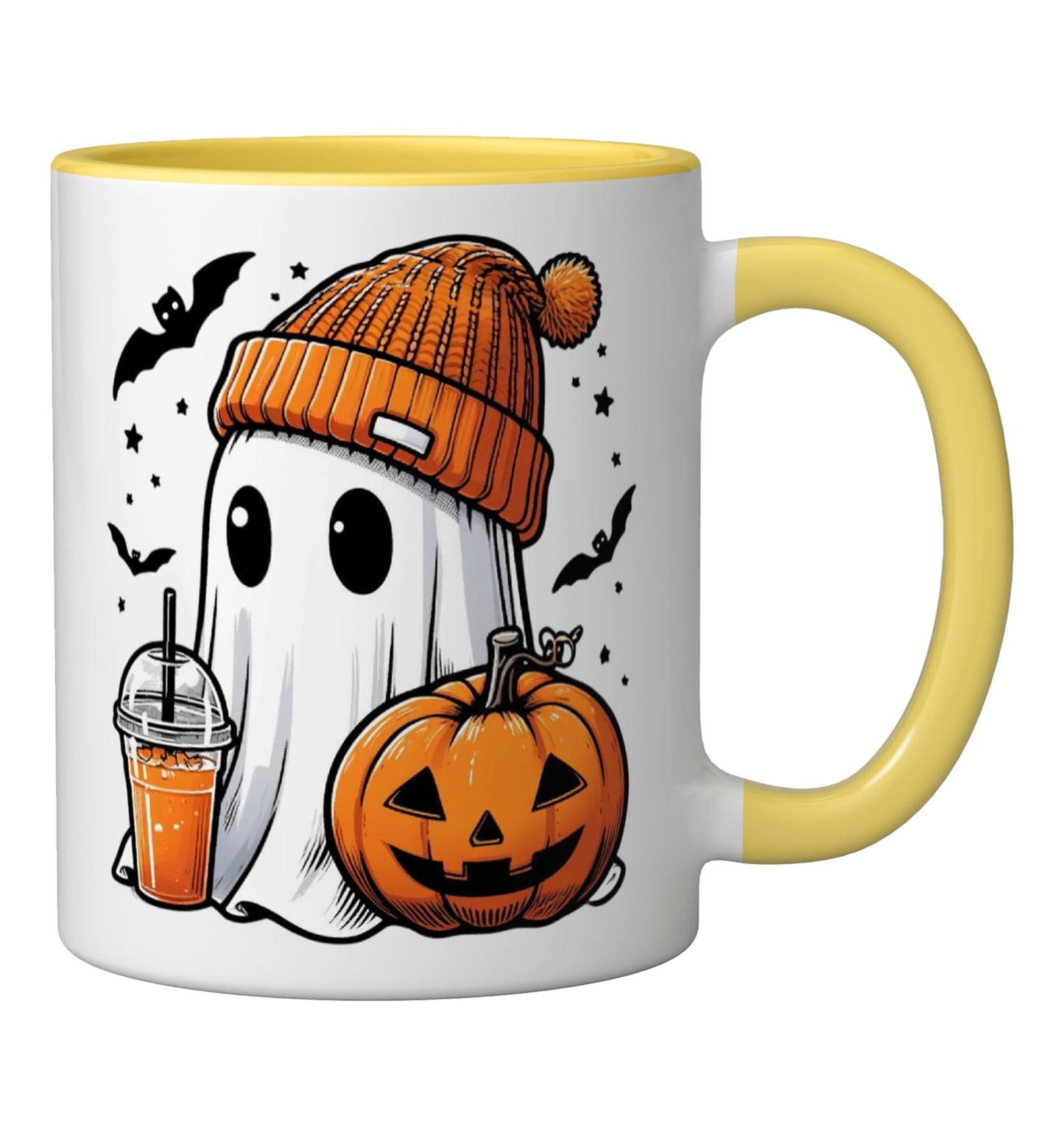 Cute Ghost Coffee Knit Pom Beanie Cuff Hat Pumpkin Halloween Ceramic Mug, Yellow/White