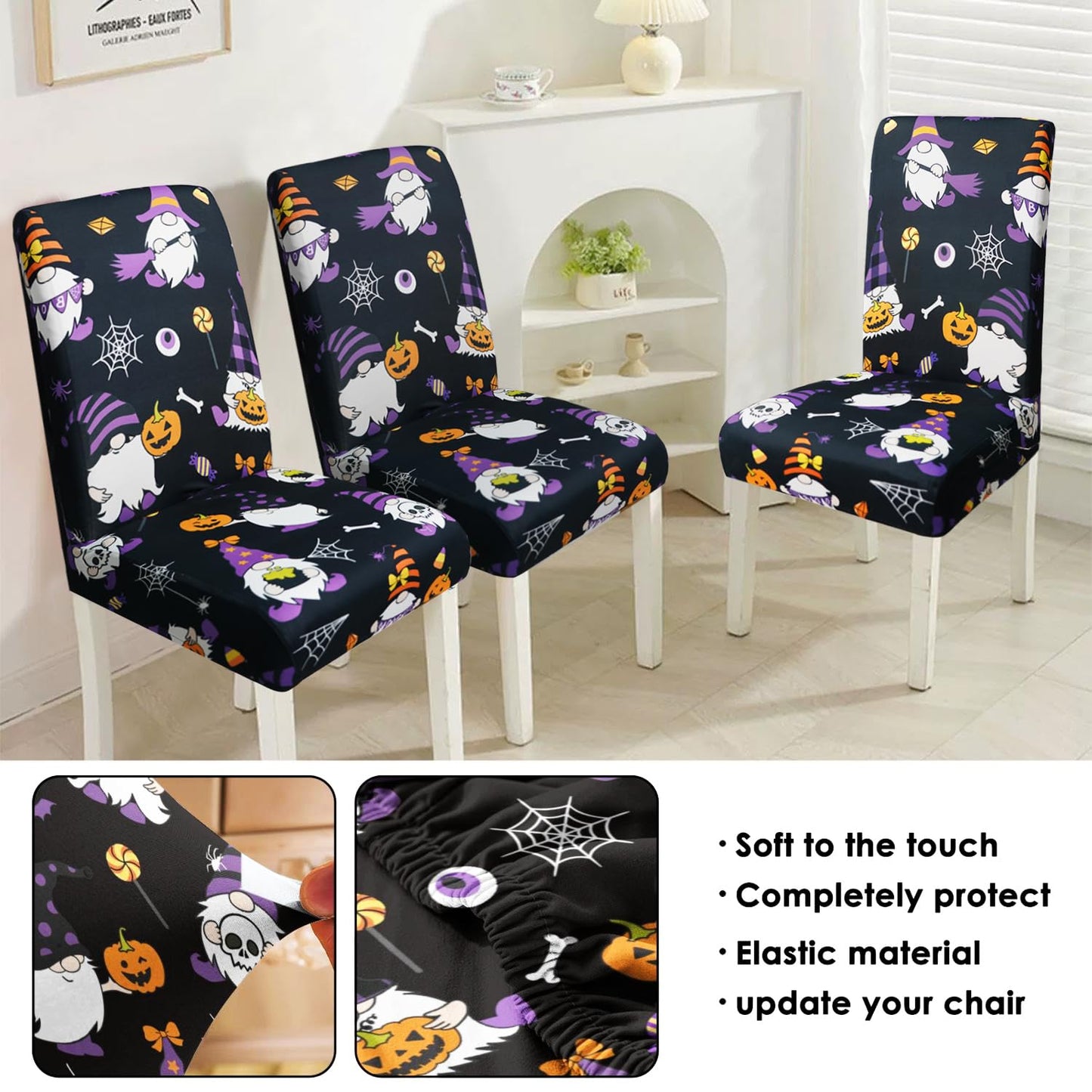 qwpmvhsak Halloween Chair Covers Set of 6, Scary Pumpkin Gnome Dining Chair Protectors, Black Elastic Removable Washable Dining Chair Covers for Halloween Kitchen Restaurant Holiday Decor