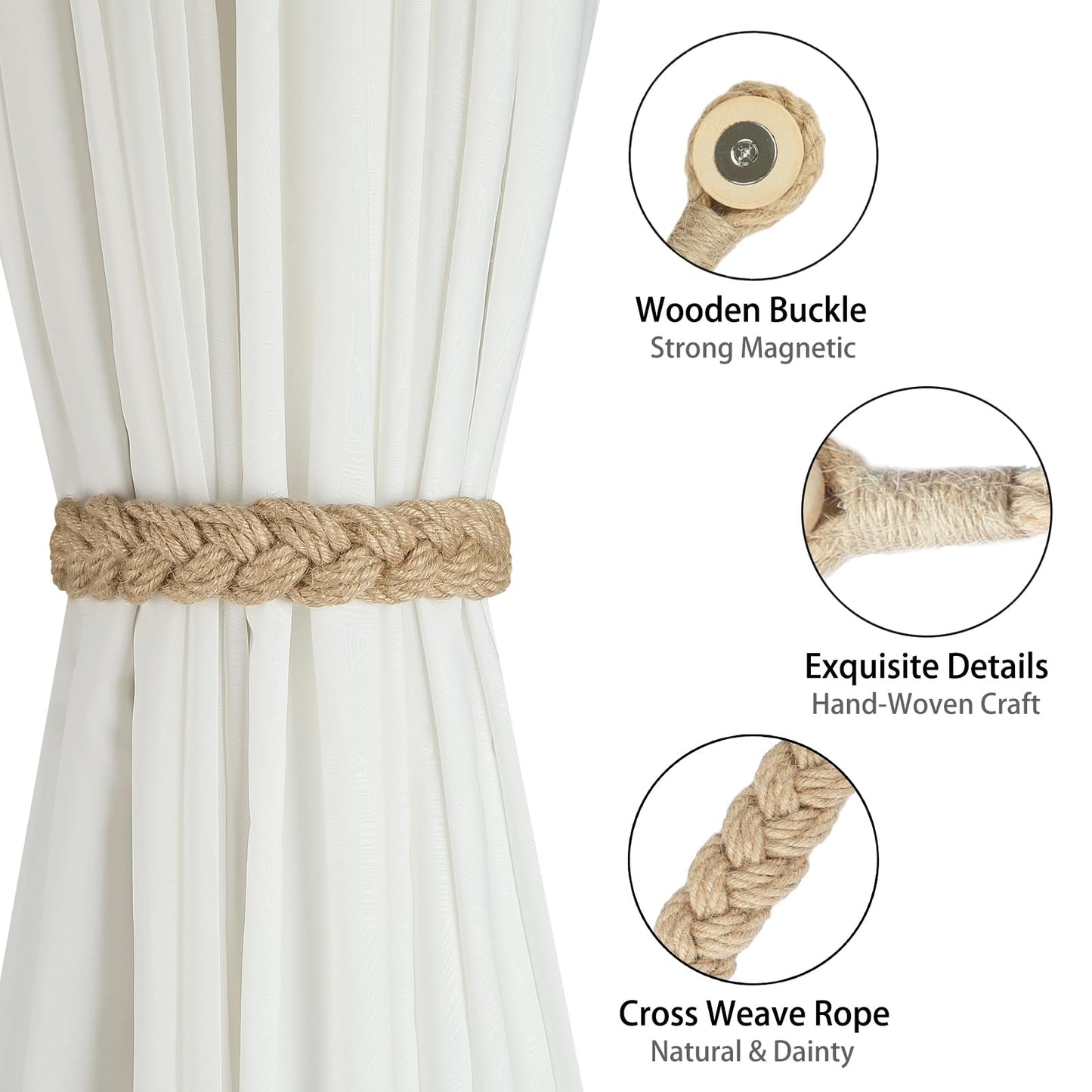 BEL AVENIR Jute Curtain Tiebacks Magnetic Woven Curtain Holdback Drapery Tie-Back (Jute-2Pack)