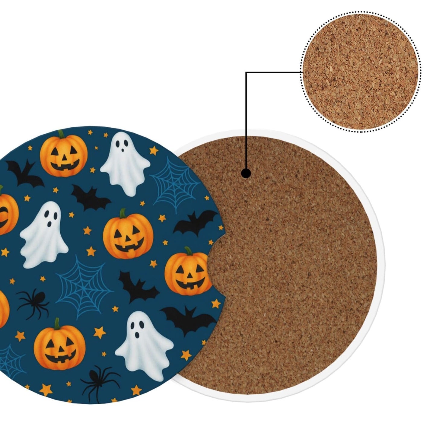 Famame 2 Pcs Halloween Cute Ghost Bat Spiders Ceramic Car Coasters Anti-Slip Absorbent Coaster Sets for Drinks Car Decor Auto Accessories