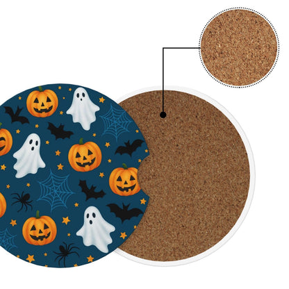 Famame 2 Pcs Halloween Cute Ghost Bat Spiders Ceramic Car Coasters Anti-Slip Absorbent Coaster Sets for Drinks Car Decor Auto Accessories