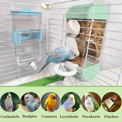 Automatic Bird Feeder Waterer Kit Bird Cage Hanging Waterer Parakeet Leak-Proof Feeder Parrot Vegetable Clips Cage Accessories for Budgies Lovebirds Finches Canaries Parrotlets Conures (Green)