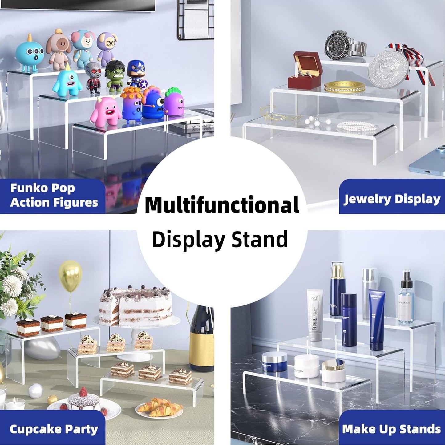 Goabroa 2 Sets 6 Pcs Clear Cupcake Display Risers 3 Tiers Rectangular Risers Display Stands 4mm Thick Collectibles Jewelry Display Shelf Lego Display Shelves Risers