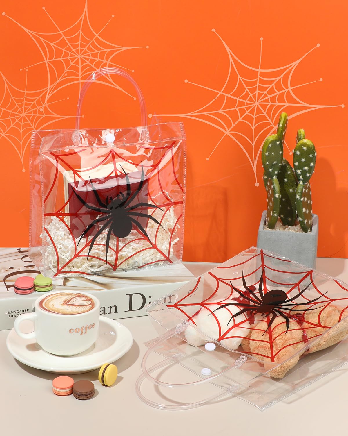 Liobelon 24 Pieces Spider Party Favor Gift Bags Spider Clear PVC Gift Bags with Handles 8 x 8 x 3.2inches Transparent Treat Snack Bag for Birthday Insect Theme Gothic Style Party