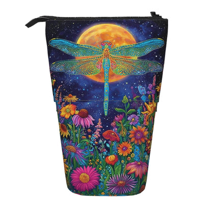 Tezmd Dragonfly Moon Standing Pencil Case Cute Telescopic Stationary Pouch with Zipper Large Capacity Stand up Pen Bag Portable Makeup Holder for School Office Supplies