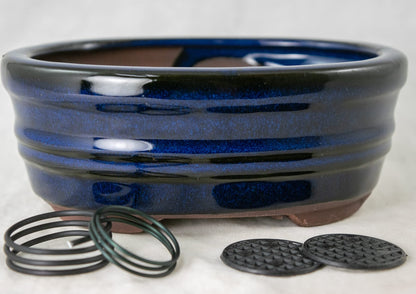 Calibonsai Oval Shohin Bonsai Pot, Cactus & Succulent Planter + Mesh 6"x 4.5"x 2.5" - Blue Stain Glazed