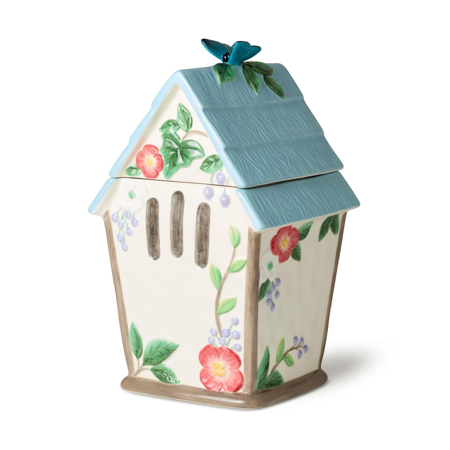 Flora 3D Birdhouse Cookie Jar – 88-Ounce Hand-Painted Ceramic Storage Jar with Floral and Butterfly Design, Perfect for Cookies, Snacks, and Decorative Kitchen Counter Display