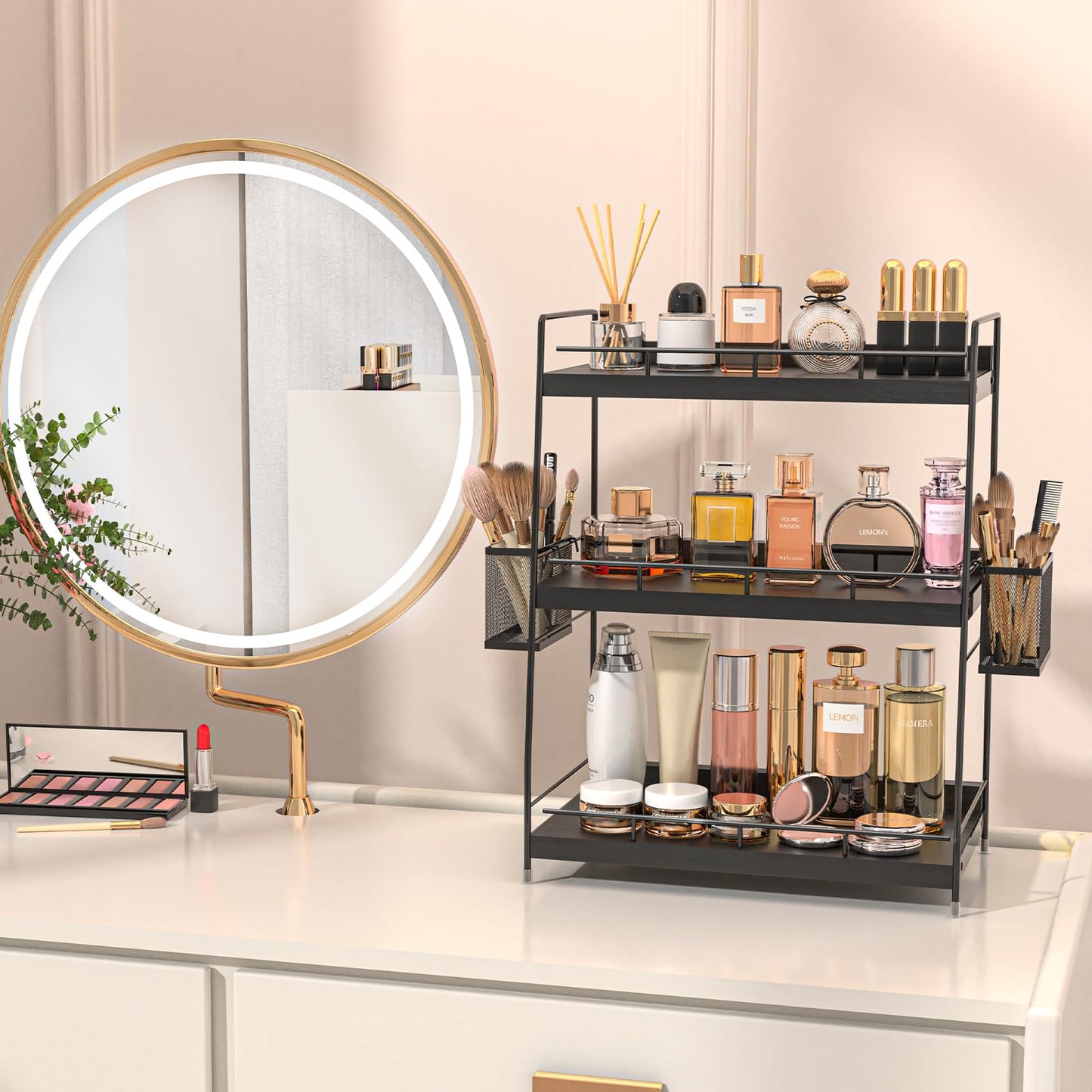BSTSLL Bathroom Counter Organizer,Bathroom Countertop Organizer with Baskets,Vanity Organizers,Counter Shelf,Countertop Storage, Makeup Organizers(Black)