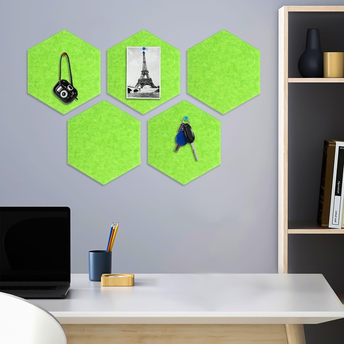 8 Packs Green Hexagon Felt Pin Board, 12" Bulletin Board with 30 Push Pins, Felt Board for Home Kitchen Office Decor, Self-Adhesive Corkboard Tiles for Walls School Message Photos Memos