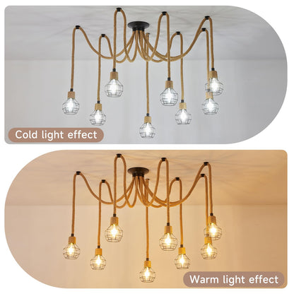 Hodevimall Spider Chandeliers, 8 Arms Industrial Spider Ceiling Light Fixture Hanging Hemp Rope DIY Adjustable 8-Light Steampunk Chandelier for Kitchen Island, Living Room, Entryway, Dining Room, Bar