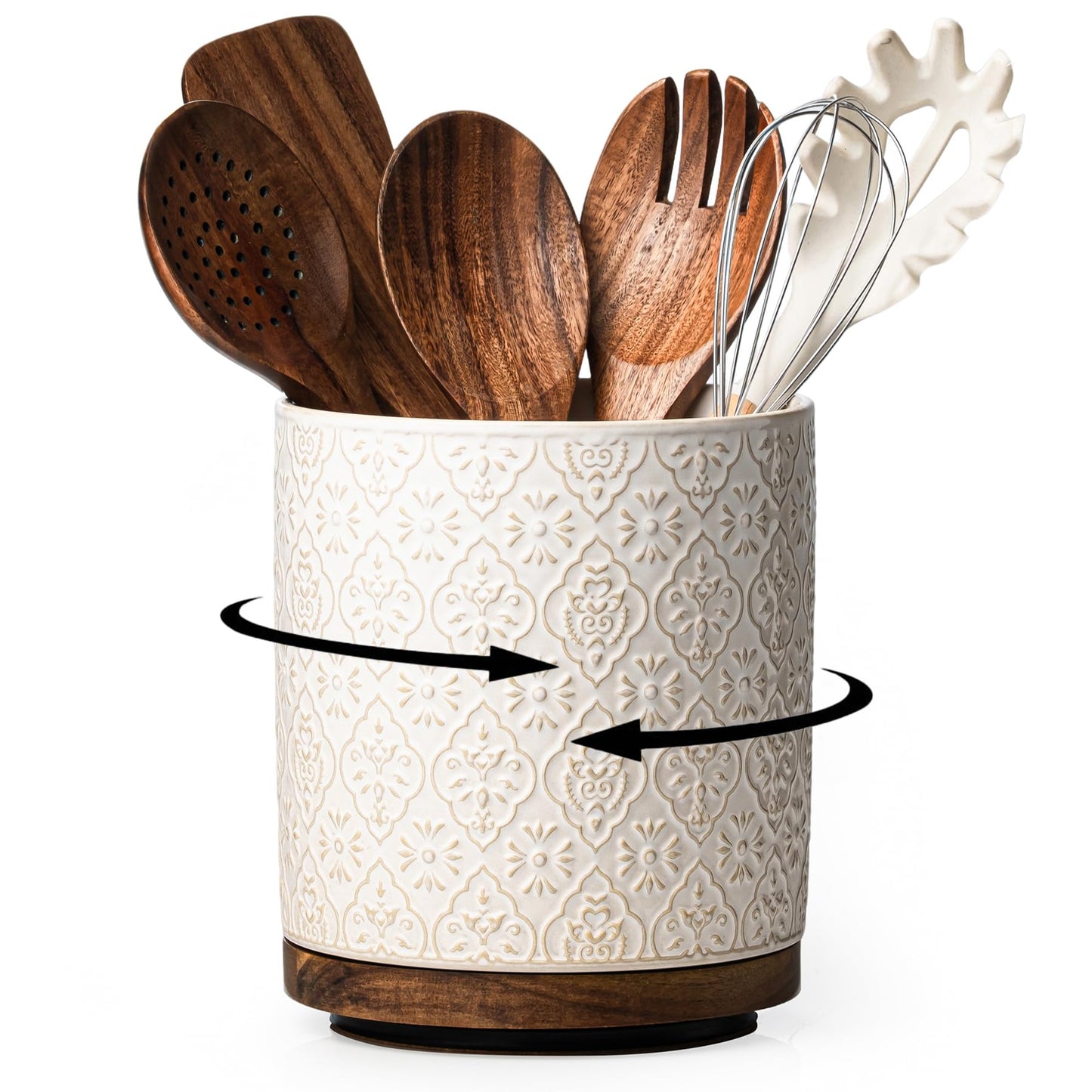MIKIGEY Kitchen Utensil Holder, 360° Rotating Extra Large Ceramic Utensil Holder with Embossed Pattern, 7.3” Cooking Utensil Crocks for Kitchen Countertop, Home Decor, Off-White