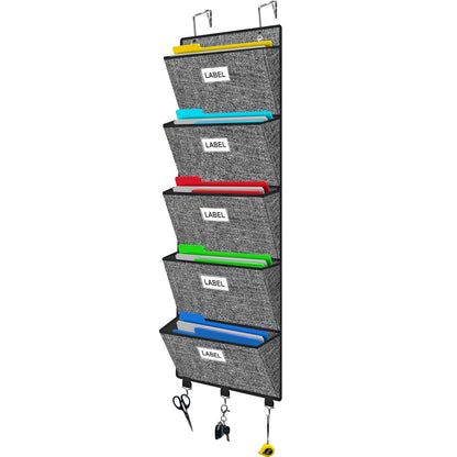 Homyfort Over the Door File Organizer, Hanging Wall File Folders with 5 Large Pockets for Papers, Charts, Mails, Magazine, Office and Back To Supplies Storage and Organization (Black)