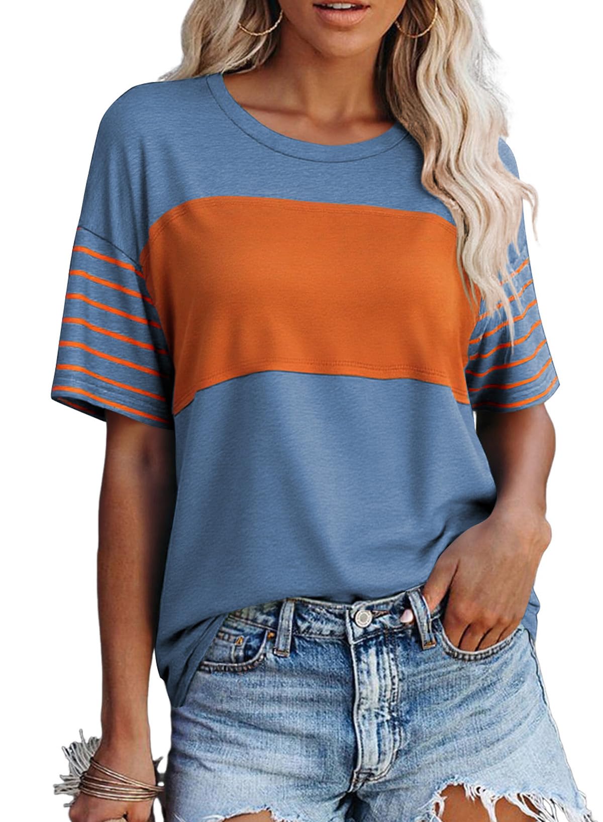 SHEWIN Womens Shirts Casual Short Sleeve Tshirt Loose Crewneck Color Block Tee Shirt Side Spilt Summer Tops for Women Trendy 2025 Blue Orange S