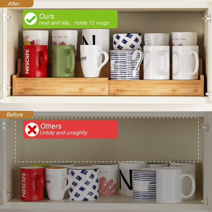 Hongtamoya 2-Tier Expandable Bamboo Coffee Mug Holder, Mug Organizer for Kitchen Cabinets, Mug Cup Rack, Multi-Functional Cup Holder Shelf, Coffee Bar Organizer, Home