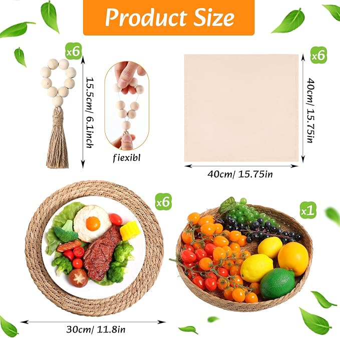 6 Sets Boho Decoration Placemats Round Woven Placemats, Cloth Napkins, Wood Bead Napkin Rings, Long Table Runner and Farmhouse Burlap Cotton for Table Kitchen (White,12x72)