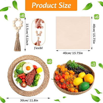 6 Sets Boho Decoration Placemats Round Woven Placemats, Cloth Napkins, Wood Bead Napkin Rings, Long Table Runner and Farmhouse Burlap Cotton for Table Kitchen (White,12x72)