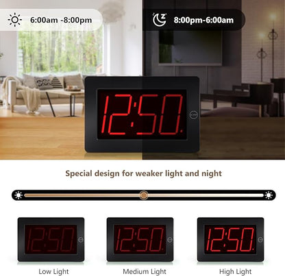 LED Digital Wall Clock Battery Operated - Large Display Digital Clock, Adjustable Brightness, Wall or Table Mount